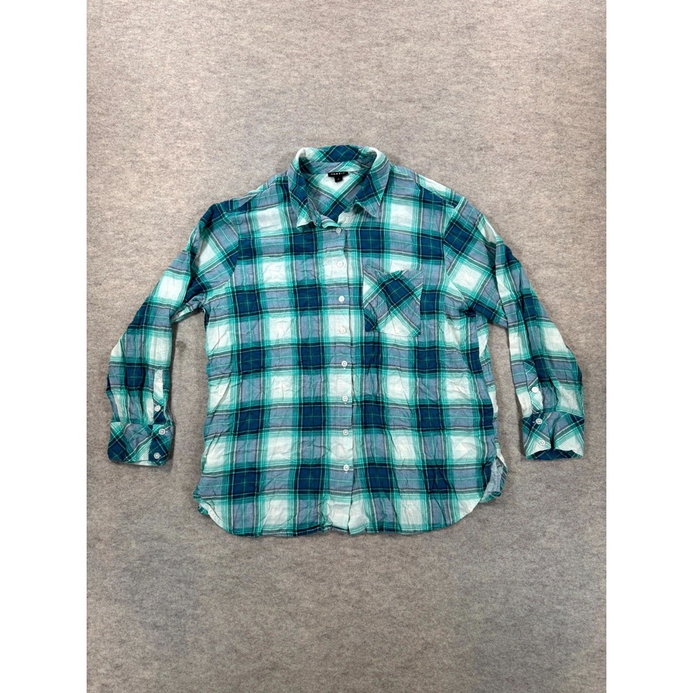 Torrid Shirt Womens 0 Teal Plaid Rayon Stretch Long Sleeve Casual Button Up